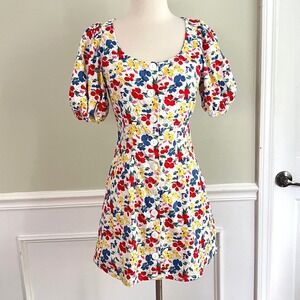 RIXO x Target Floral Mini Dress Womens 2 Puff Sleeve Button Front White Multi